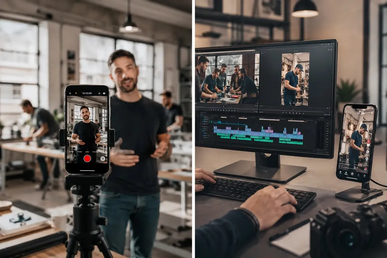 Professionelle TikTok Videoproduktion für Unternehmen: Vom Drehtag im echten Arbeitsumfeld bis zum finalen Videoschnitt für Social Media durch Amro Media.