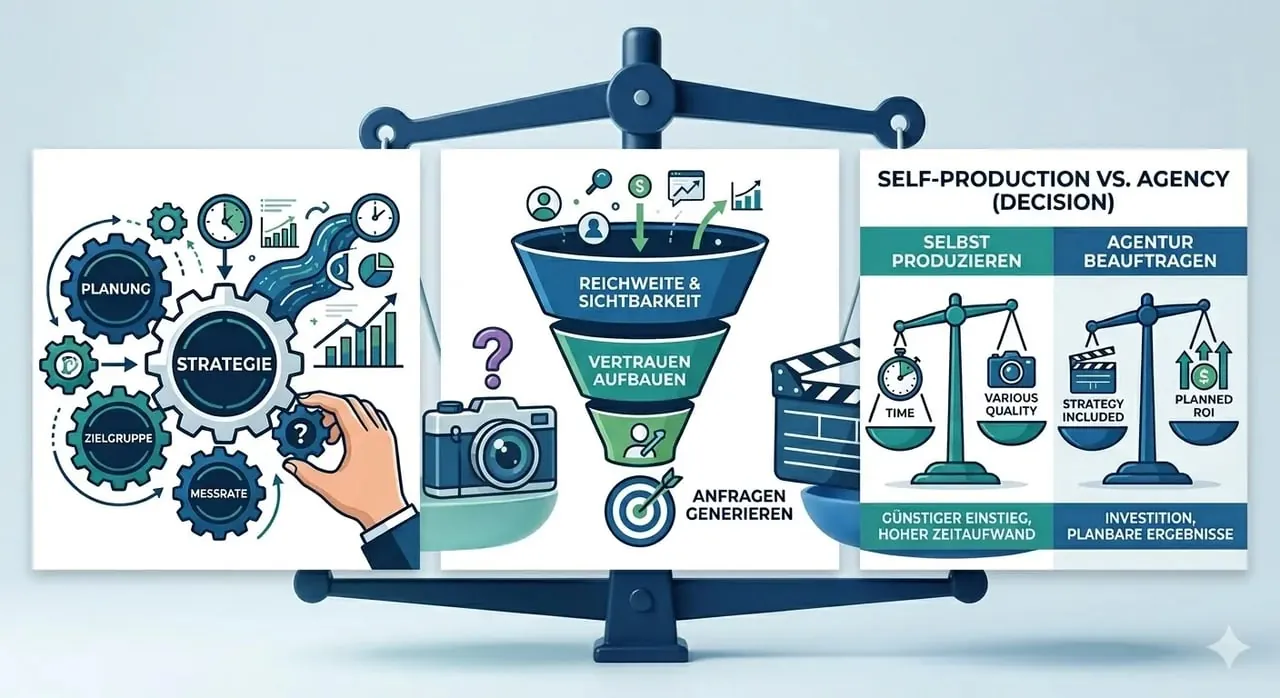 Vergleich der Vor- und Nachteile: Social Media Videos selbst produzieren oder Agentur beauftragen.