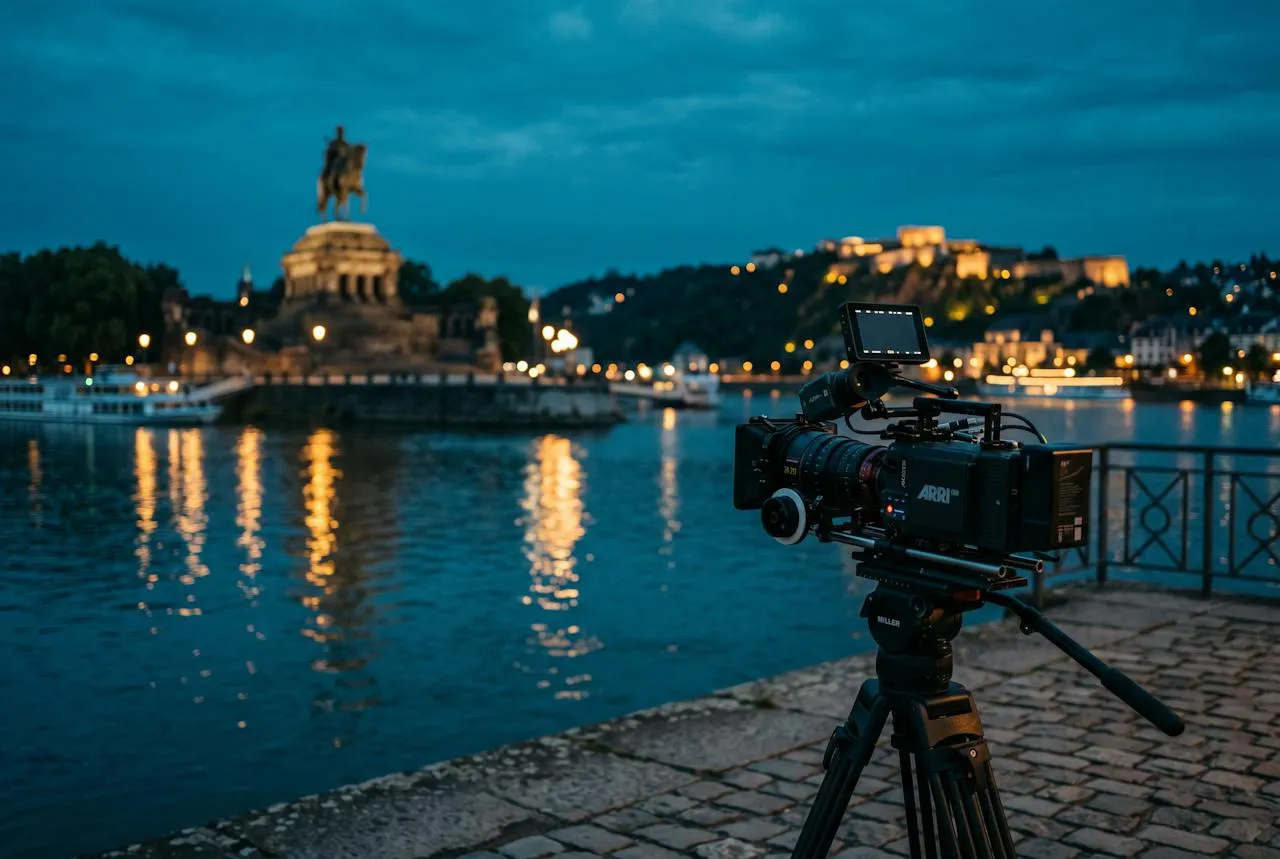 Filmkamera am Rheinufer mit Blick auf das Deutsche Eck in Koblenz