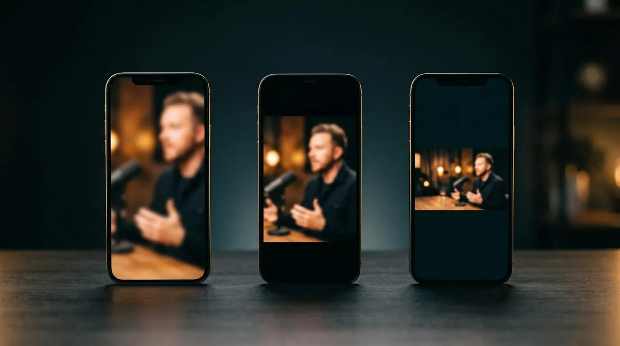 Dasselbe Video im Hochformat 9:16, im Format 4:5 und im Querformat 16:9 auf drei Smartphones